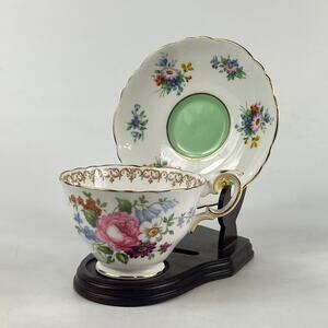 Crown Staffordshire Bone China Teacup Saucer Set Floral Green Center Gold Trim